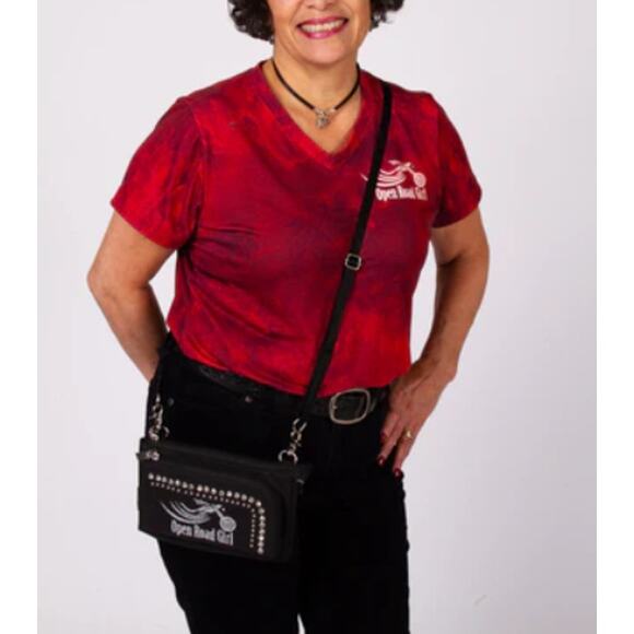 Open Road Girl Hip Crossbody Motorcycle Studded Rhinestone Glitter Canvas Purse - Picture 2 of 3